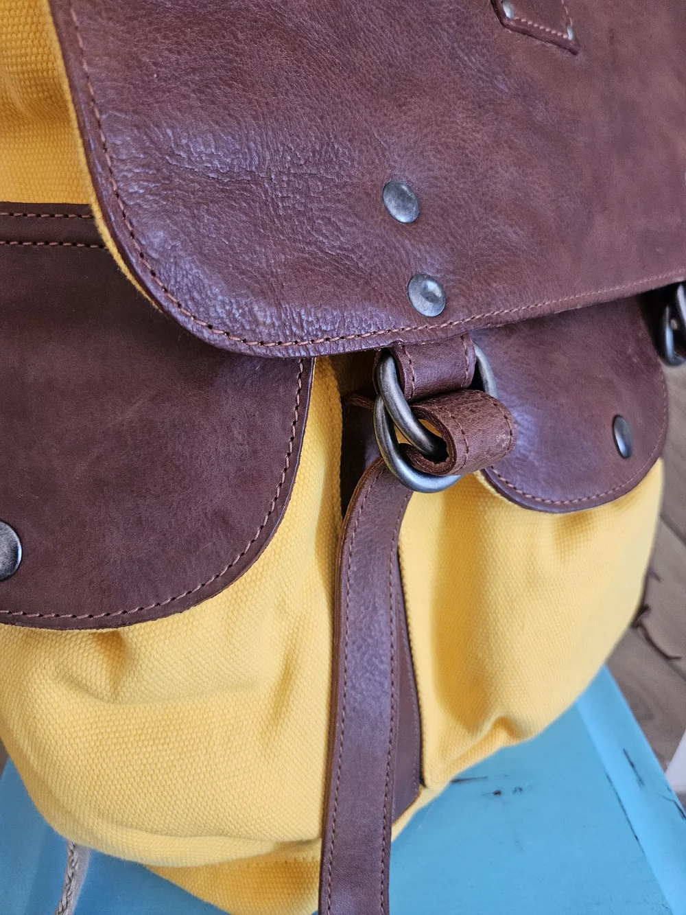 Will Leather Goods Yellow Canvas and Brown Leather Backpack NEW